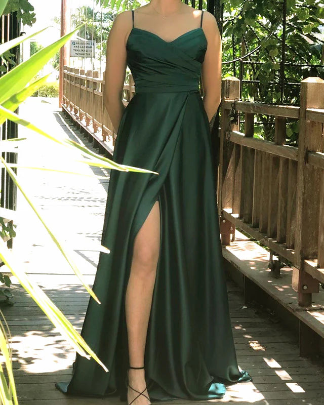 Emerald V Neck Satin Bridesmaid Dresses Prom Dresses With Split